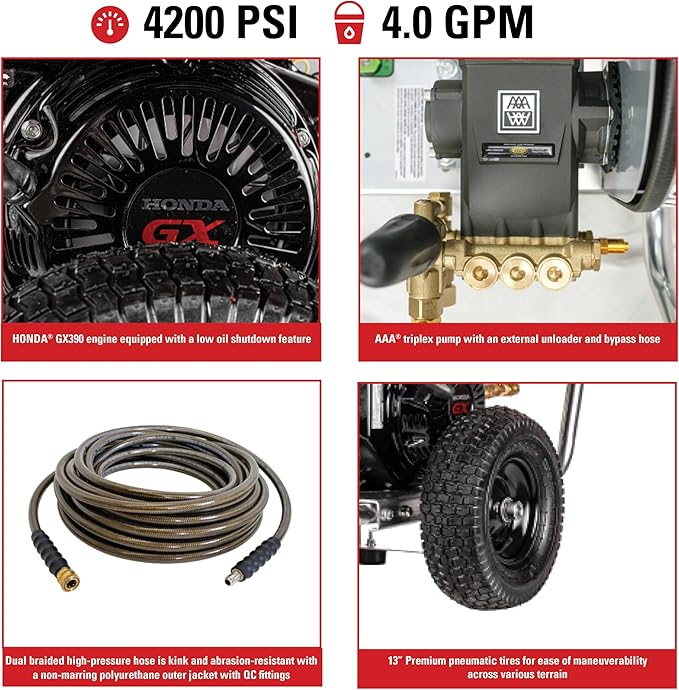 Simpson Cleaning 4200 PSI Gas Pressure Washer, 4.0 GPM Power Washer for Commercial Use, Honda Engine, 50-Foot Steel-Braided Hose, Aluminum Water Blaster, 49-State (ALWB60827)