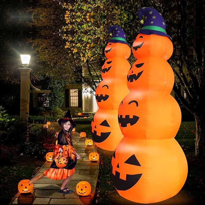 DearSun 12FT H Giant Halloween Inflatable Stacked Pumpkins with Witch's Hat, Blow up 4 Pumpkins Inflatable with Build-in LED Lights Outdoor Decorations Large Party Yard Decoration