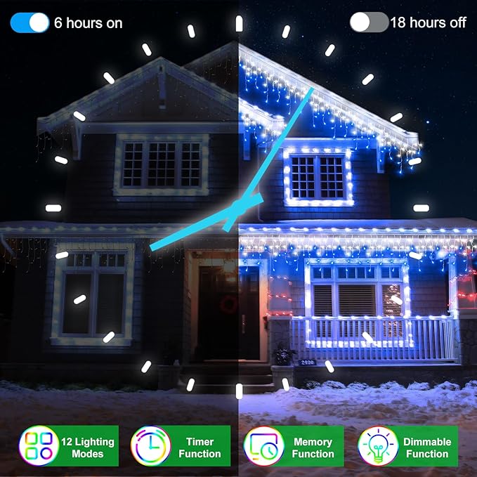 66FT 670 LED Outdoor Christmas Lights - 148 Ice Drops, 12 Pro Modes with Timer Memory & Brightness, Waterproof Hanging Ice String Light for Holiday Wedding Garden Fence House Decor (White & Blue)