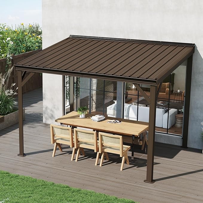 Domi 8’x10’ Lean-to Gazebo, Hardtop Wall-Mounted Gazebo Pergola with Sloping Galvanized Steel Roof and Upgraded Drainage System, Outdoor Permanent Metal Shelters for Patio Backyard Deck, Brown
