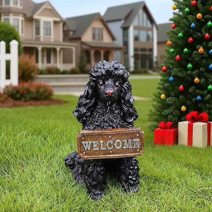 Porch Greeter Dog Statue with Flip-Over “Welcome/ON Patrol” Hanging Plaque and Solar Walkway Lantern, Black Sitting Poodle Yard Accent