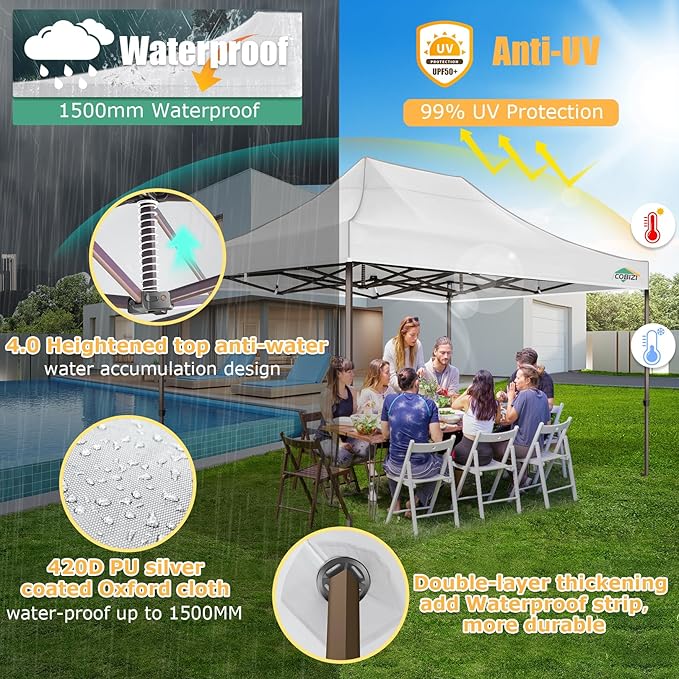 COBIZI 10x15 Pop Up Heavy Duty Canopy with 4 Sidewalls and Hexagonal Legs, Easy up Tent for Parties, Commercial and Wedding, Outdoor Canopy with Roller Bag, Sand Bags, Waterproof & UPF50+ (White)