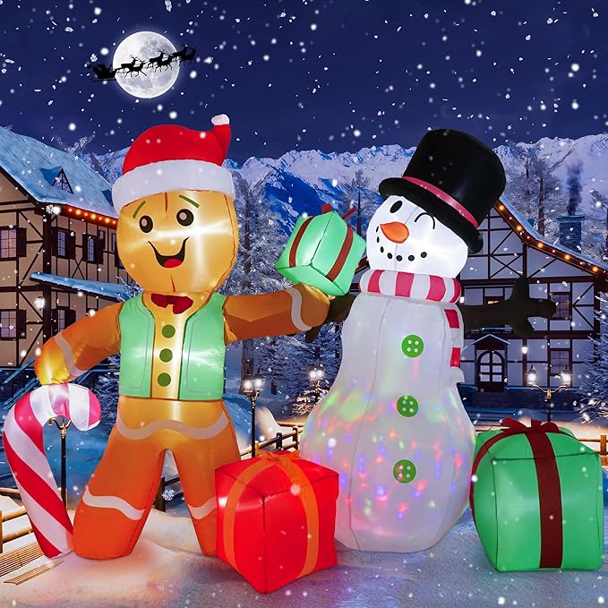 COOLWUFAN 6 FT Christmas Decorations Outdoor Inflatables Gingerbread Man Snowman Blow Up Yard Decor, Outdoor Inflatables Decorations with Rotating LED Light for Garden Patio Lawn Holiday Party Xmas