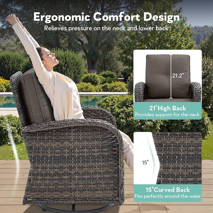 Outdoor Swivel Glider Rocker Chairs - 3 Piece Patio Furniture Set, Patio Bistro Sets with Tempered Glass Side Table, for Balcony, Porch - Brown Wicker, Grey Cushion