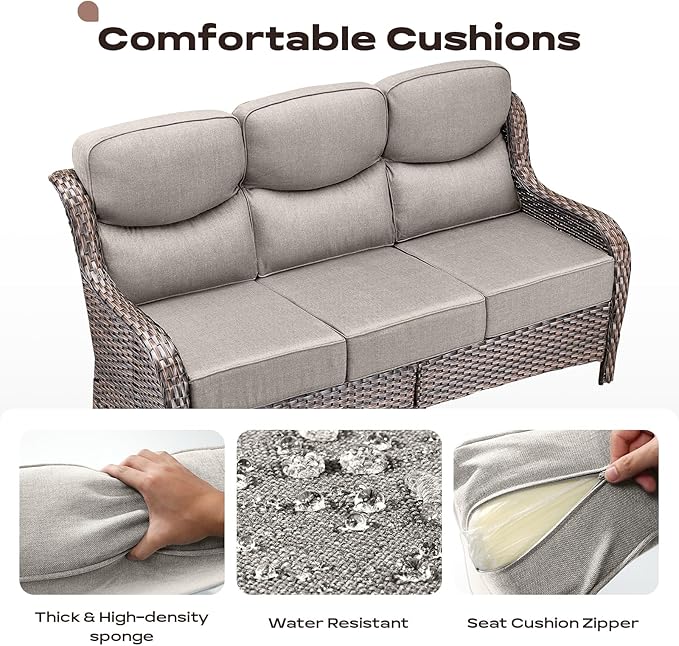 Rilyson Wicker Outdoor Patio Furniture Set - 5 Piece Patio Conversation Sets with Swivel Rocker Chairs, Ottomans and Sofa, 6 inch Cushions, Waterproof Wicker, for Porch Deck Brown/Beige