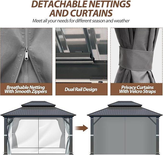 10 X 12ft Hardtop Gazebo, Galvanized Steel Double Roof Gazebo with Nettings and Curtains, Outdoor Aluminum FrameVertical Stripes Roof Permanent Pavilion for Patio, Backyard, Lawns