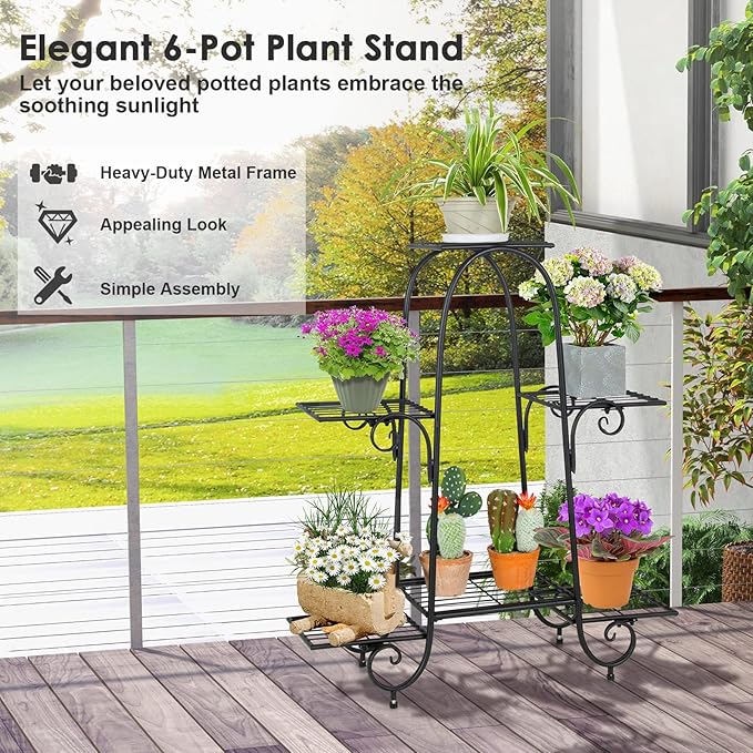 S AFSTAR 6-Tier Metal Plant Stand, Heavy-Duty Plant Display Stand Rack w/ Adjustable Footpads, Slatted Support Panel, Elevated Base, Decorative Flower Potted Holder Rack for Balcony, Living Room, Easy Assembly