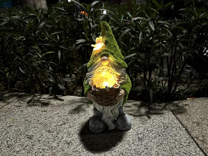 Garden Gnomes Statues, Outdoor Gnome Decorations for Yard Patio Lawn Porch, Home Decor Sculpture Figurine Holding Flower Basket Solar Lights, Cute Ornaments Ideal Gifts