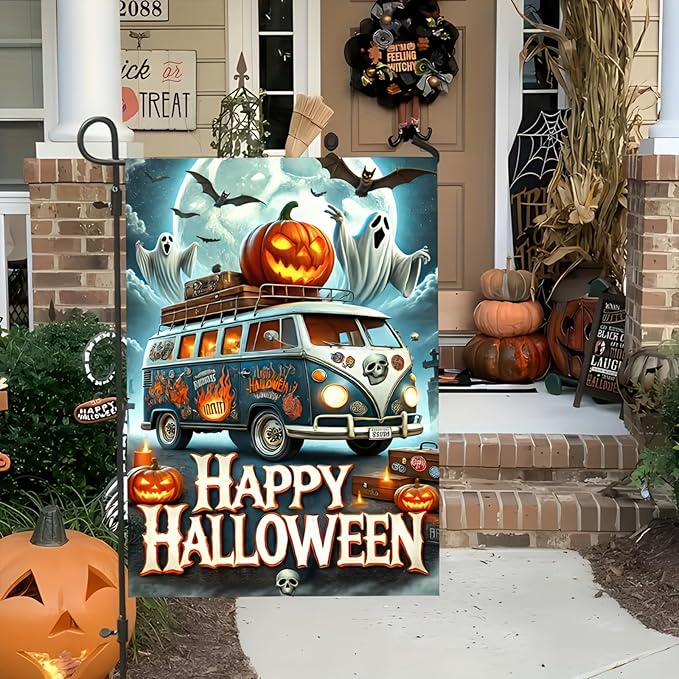 Happy Halloween Garden Flag 12x18 Inch Double Sided Spooky Truck Garden Flag Pumpkins Jack-o'-lantern Ghost Welcome Flag Yard Outdoor Decorative Outside Banner