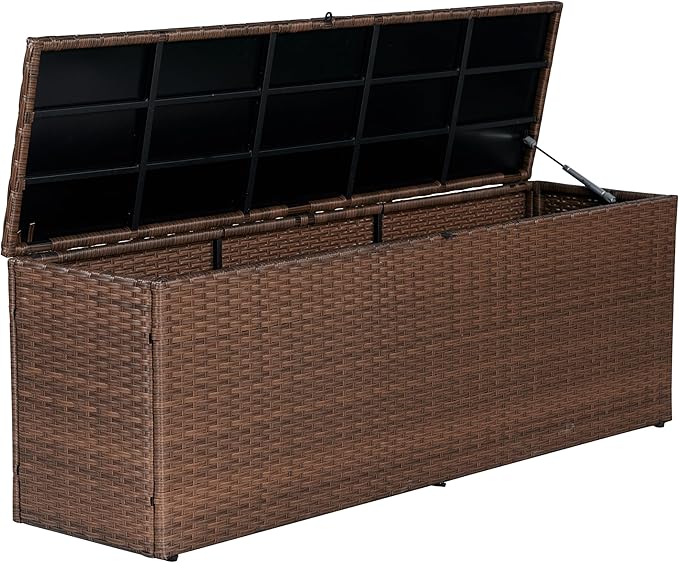 happimess TRK1002B Nino 59.06" Modern Minimalist Outdoor Faux Wicker Deck and Patio Storage Box, Brown, Soft-Close, for Package Delivery, Patio Furniture, Cushions, Gardening Tools, Pool Supplies
