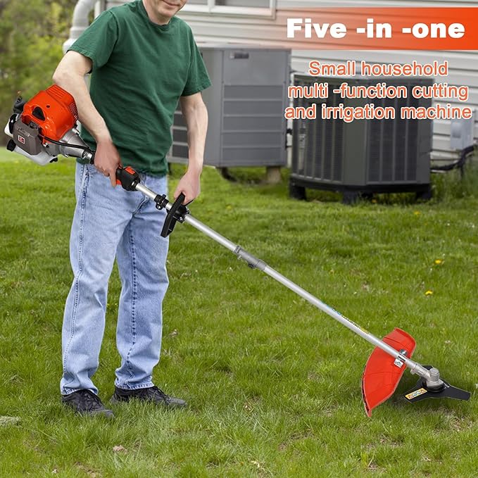 5 in 1 Weed Wacker Gas Powered, 52CC 2-Stroke Gas Weed Trimmer, Gas String Trimmer Cordless Hedge Trimmer, Brush Cutter, Lawn Mower, Handheld Chainsaw Hedge Pruner, Pole Saw Orange
