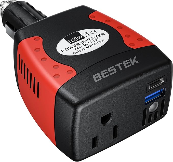 BESTEK 150W Car Power Inverter, Car Charger DC 12V to 110V AC Converter PD 30W QC 3.0 18W USB Charger Laptop Car Charger Outlet Power Adapter for Car