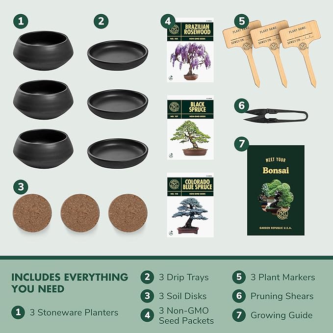 Bonsai Tree Seed Starter Kit - Mini Bonsai Plant Growing Kit, 3 Types of Seeds, Potting Soil, Pots, Pruning Shears Scissor Tool, Plant Markers, Wood Gift Box, Fathers Day Gardening Gifts Ideas