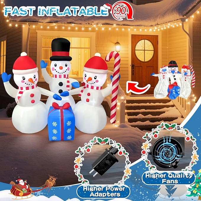 2025 Christamas Inflatable Snowman 6FT 3 Snowmen with Gift Box Christamas Inflatables Outdoor Decoration Xmas Snowman Blow Up Decor with Built-in 7 LED for Holiday Party Yard Garden Lawn