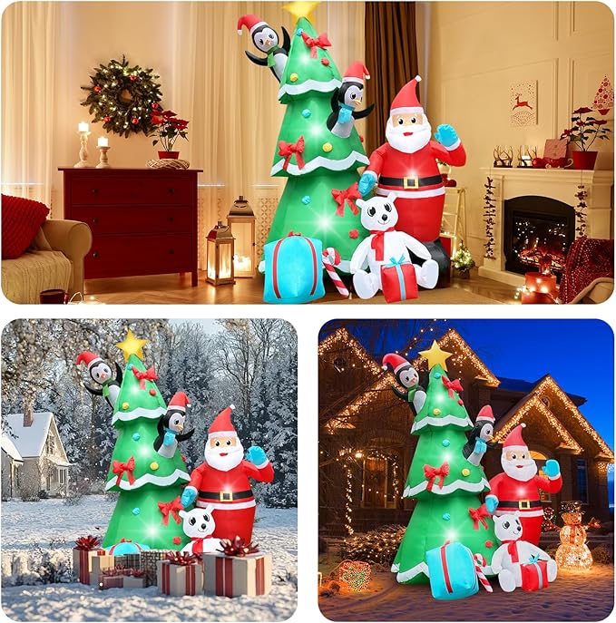 10FT Christmas Inflatable Xmas Tree with Smiley Santa, A Penguin in Red Hat, Polar Bear & Gift Boxes Light-Up Blow Up Yard Decor for Holiday Lawn, Garden, or Festive Family Fun Display