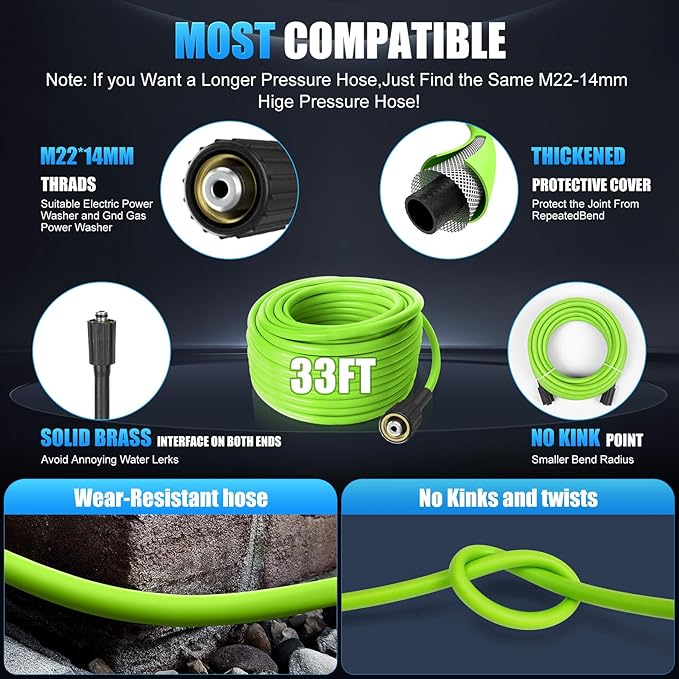 Pressure Cleaner with 33FT Flexible Extension Hose + 34FT Power Cord, 4 Nozzles, Foam Cannon, Best Power Cleaner for Cars, Patios, Driveways, Blue