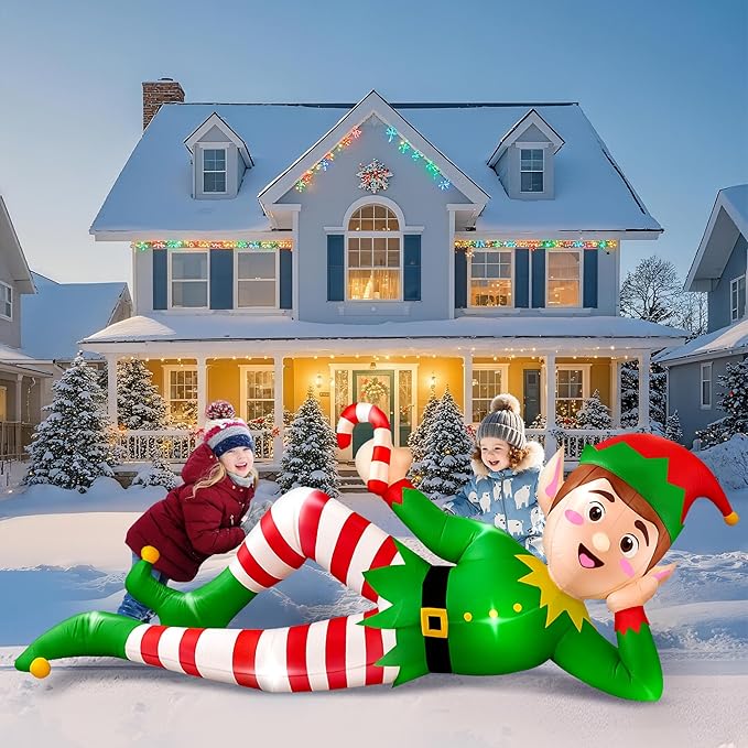 8 FT Christmas Inflatable Outdoor Decoration, Lying Elf Christmas Blow up Yard Decorations with LED Lights, Elf Inflatable Outdoor Decoration for Garden Lawn Roof Xmas Decorations