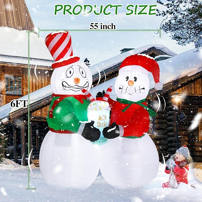 Elegear 6FT Animated Christmas Inflatables Outdoor Decorations, Shivering Snowman Inflatables Built-in LED Lights, Two Funny Snowmen Christmas Blow Up Yard Decorations for Xmas Party Indoor Outdoor