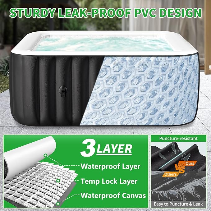 4-6 Person Square Inflatable Hot Tub, Blow Up Portable Hot Tub, Leak-Proof PVC Outdoor Spa with 130 Strong Air Jets, Heater Pump and Insulated Cover