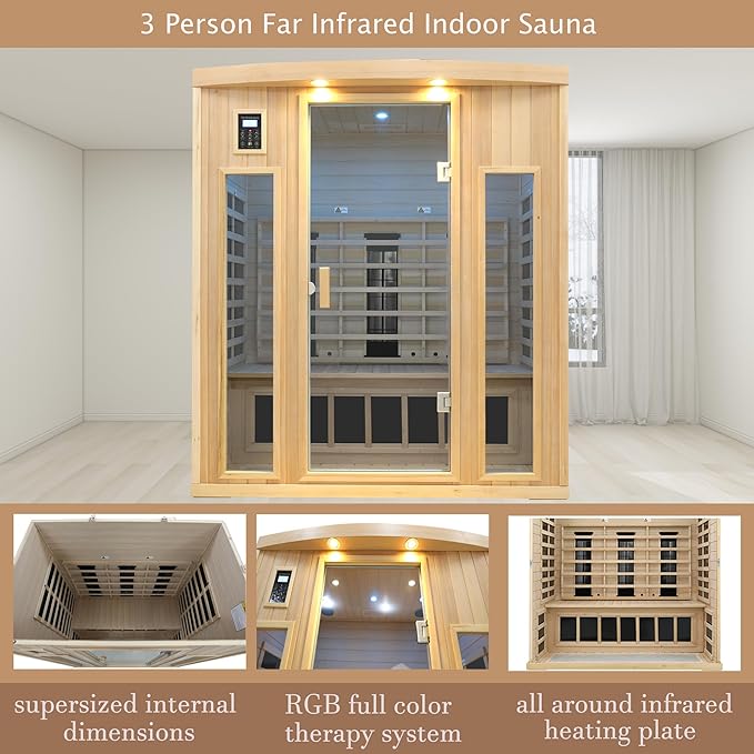 3 Person Infrared Sauna, Ceramic Infrared Sauna 3 Person, Far Infrared Saunas for Home, Low EMF Infrared Indoor Sauna, Hemlock Wooded Sauna Room, Bluetooth Speakers, Chromotherapy Lights