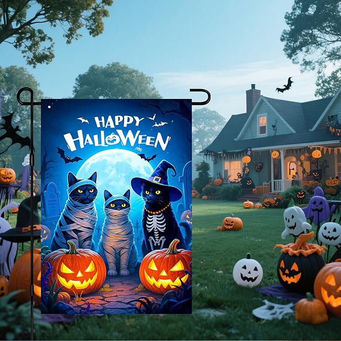 IVN Happy Halloween Garden Flag 12x18 Inch Double Sided Black Cat Skeleton Mummy Pumpkin Witch Hat Moon Outdoor Yard Flag for Outside Front Door Lawn Porch Patio Welcome Decor
