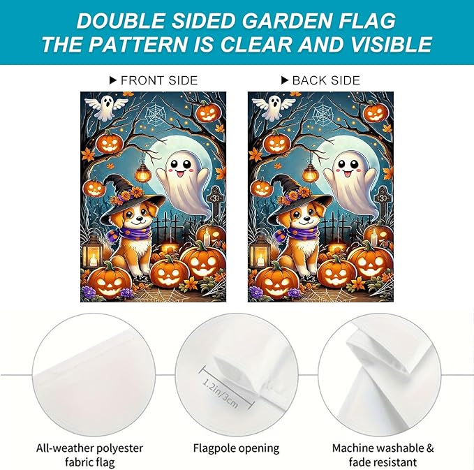Halloween Horror Garden Flag 12x18 Inch Cute Ghost Dog Witch Hat Pumpkin Lantern Flag Spooky Outdoor Yard Decor House Banner Porch Lawn Patio Home Decoration
