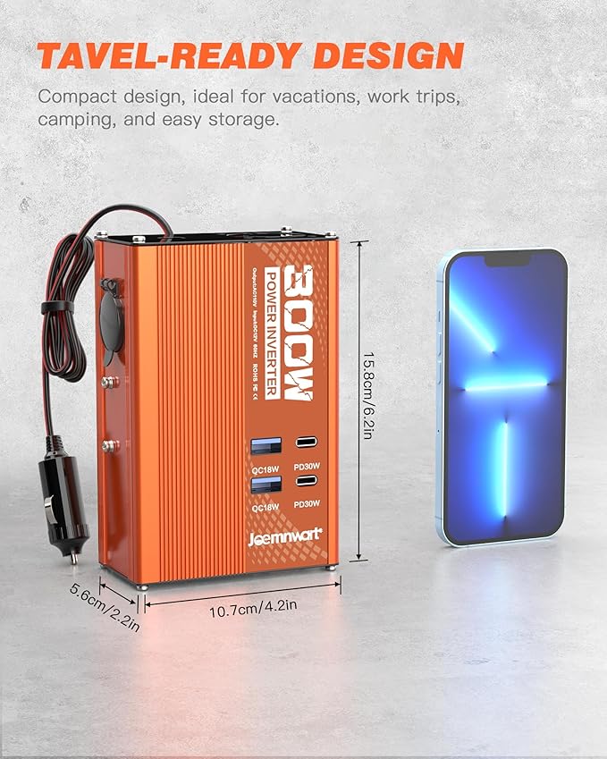 300W Car Power Inverter - DC 12V to 110V AC Converter with Fast Charging - 2 USB-A(18W), 2 USB-C(PD30W), and Cigarette Lighter Outlet Portable Car Charger