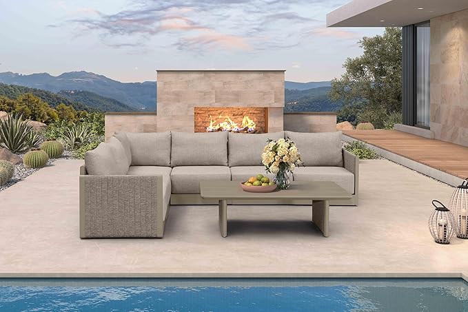 PURPLE LEAF Patio Furniture Set 7 Pieces Outdoor Conversation Sets PP Rope Patio Sofa with Cushions and Table Manual Weaving Deep Seating Furniture for Porch Lawn Backyard Beige