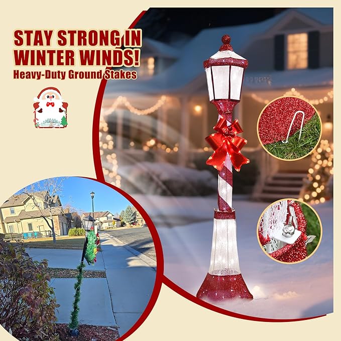 60Inch Outdoor Christmas Decorations Outdoor Lighted Lamp Post 3D Lamppost LED Lighted Display with 128 LED Lights&Bow, Holiday Decorations for Yard, Porch, Patio (2-Pack)