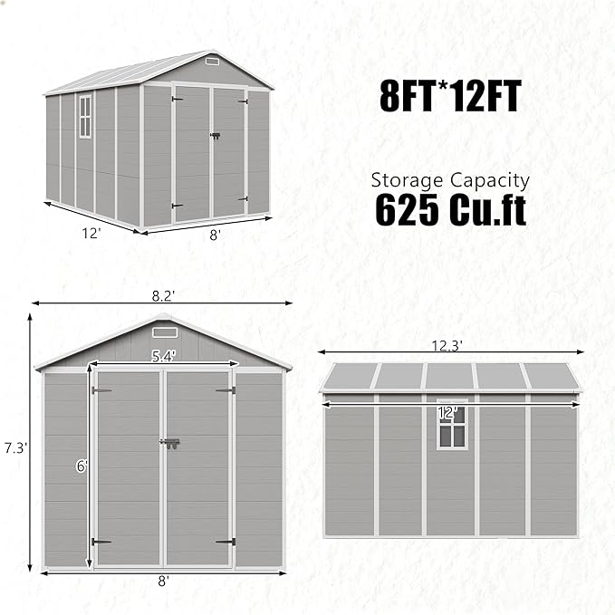 Outdoor Shed 5x3/6x4/7x7/8x6/8x10/8x12 FT, 15MM Thick PP Resin Plastic Shed with Lockable Door & Floor - Waterproof Plastic Tool Shed for Bike, Garbage Can, Backyard, Patio ﻿ ﻿ (Grey, 8x12FT)