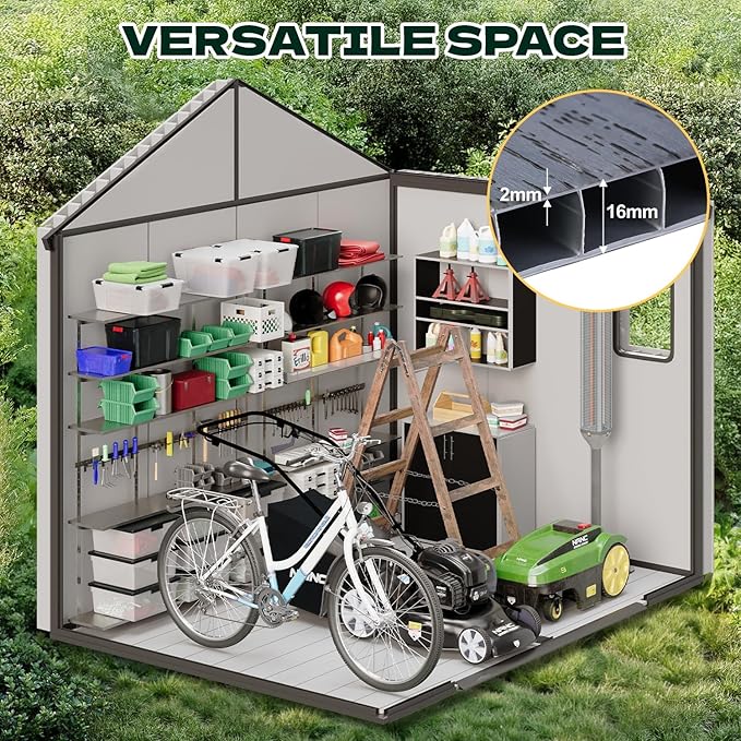 MELLCOM 8 x 6 FT Outdoor Plastic Garden Storage Shed with Floor, Resin Tool Storage Shed with Windows and Lockable Door for Patio, Lawnmower, Pool Supply, Bike