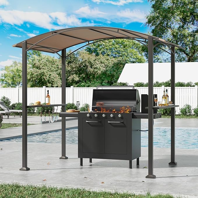 Kullavik 8 x 5 Grill Gazebo,Outdoor BBQ Canopy Shelter with Curved Sunshade Roof,Patio Pavilion with 2 Side Shelves and 5 Side Hooks for Patio Lawn Backyard Garden