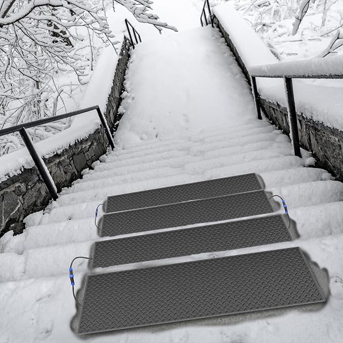 Snow Melting Mats Outdoor for Stairs,10 x 30 in 4 Pack No-Slip Heated Outdoor Mats with 10 ft Power Cord, 3 in/h Speed Snow and Ice Melting Pads for Winter Outdoor Stairs, Steps Snow Removal