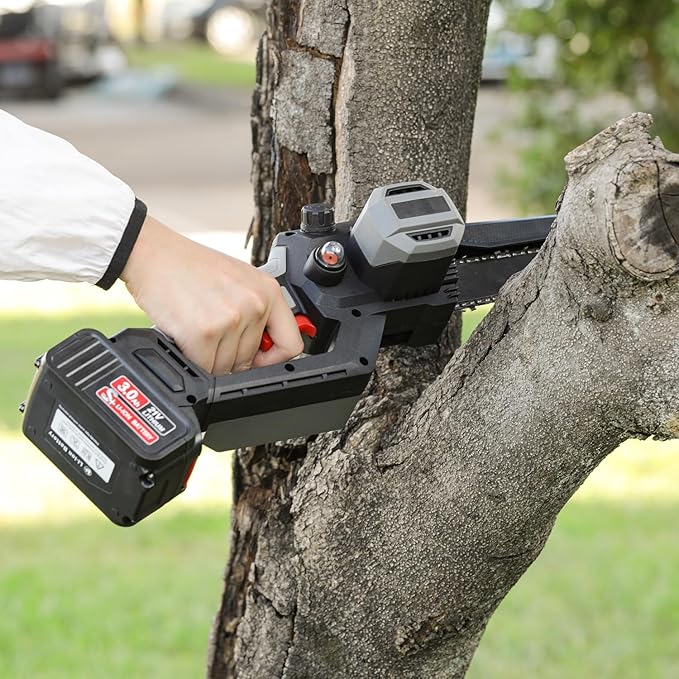 Mini Chainsaw, 8 Inch 1150W 5000RPM Brushless Handheld Electric Chain Saw with Chain Guide Plate 2x3.0A Batteries for Outdoor Home Garden Orchard Pruning