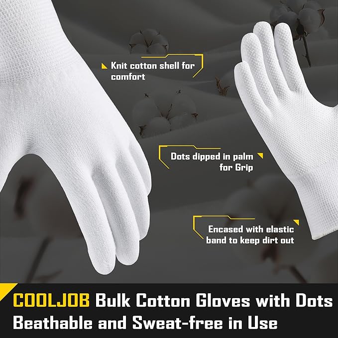 COOLJOB 12 Pairs Cotton Work Gloves with Non-Slip Grip Dots, Breathable Lightweight Gloves for Construction Gardening