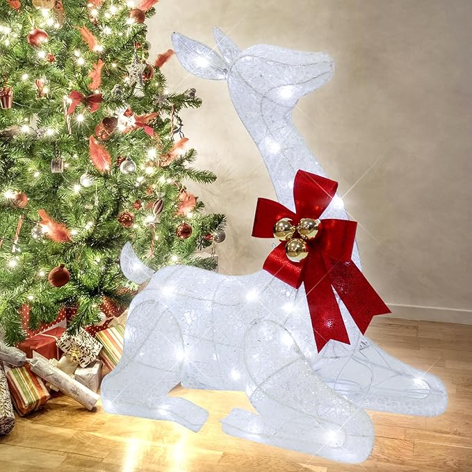 27" Christmas Deer Outdoor Decoration with Lights,3D Lighted-up Xmas White Reindeer with Red Bow and Bell Christmas Ornament,Kneeling Deer Perfect for Lawn Porch Indoor Outdoor Holiday Decor