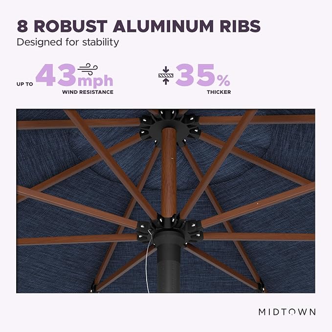 Midtown Umbrellas The Wooden 8 Feet Patio Umbrella With Sunbrella Spectrum Indigo Acrylic Fabric - Aluminum Frame Market Umbrella For Backyard, Deck, Garden, Pool - Wooden Pole