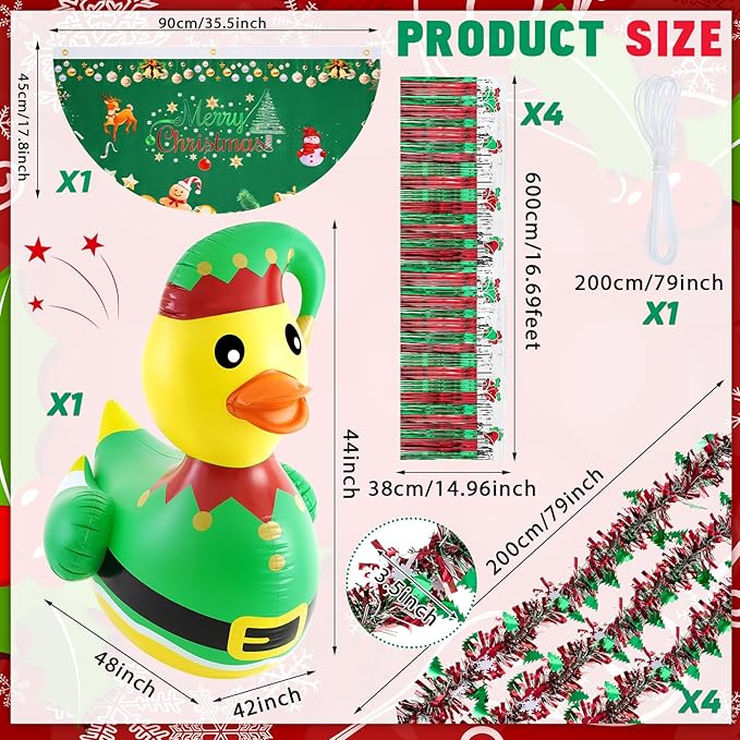 Hungdao 9 Pcs Christmas Golf Cart Parade Decorations Include 1 Pcs 4 Feet Inflatable Giant Duck with Float Bunting Flag Tinsel Garland for Christmas Car Yard Party Decoration