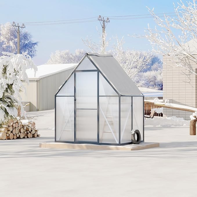 6'x4' Aluminum-Framed Polycarbonate Greenhouse, Heavy Duty Polycarbonate Greenhouse with Quick Setup Structure and Roof Vent, Large Enhanced Aluminum GreenhouseKit for Outdoors