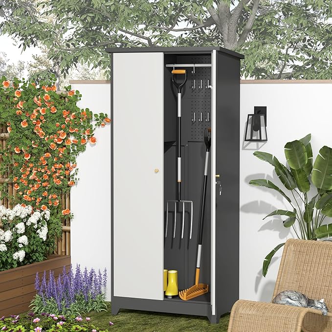 GREATMEET 72.8" Outdoor Broom Storage Cabinet, Waterproof Outdoor Shed, Metal Storage Cabinets for Cleaning Supplies with Slanted Roof, Utility Closet, Broom Mop Cabinet, Grey&White