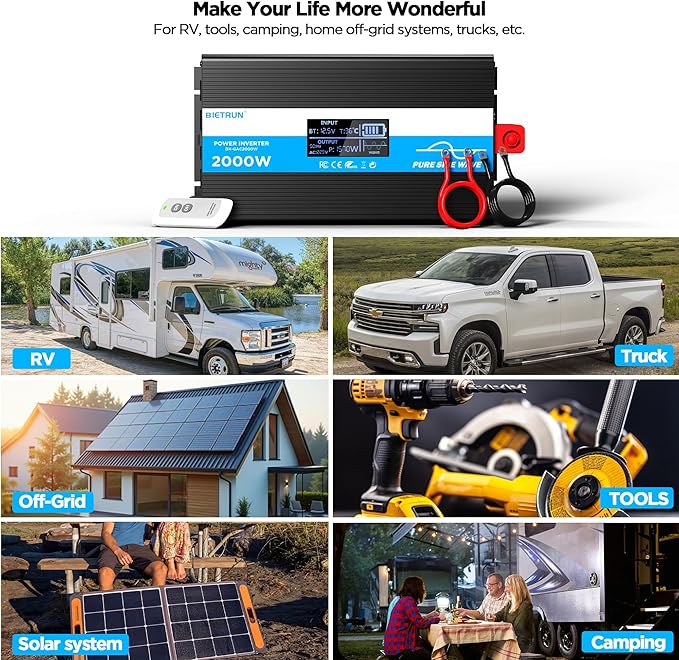2000W Pure Sine Wave Inverter, Car Power Inverter 12V to 120V AC Converter for RV, Truck, Solar, with 4 AC, 3 USB(5V 2.1A), Hardwire Port, Remote Controller, HD Display, Mult Protection, Surge 4000W