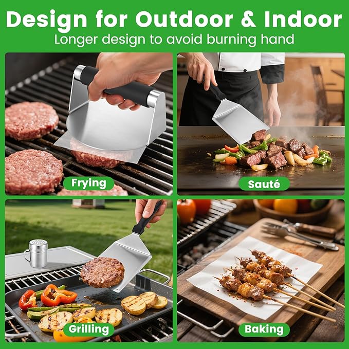 Smashed Burger Press Kit with Stainless Steel Press, Grill Spatula, Seasoning Shaker & Hamburger Patty Papers - Perfect for Blackstone Griddle, BBQs, and Gift Giving
