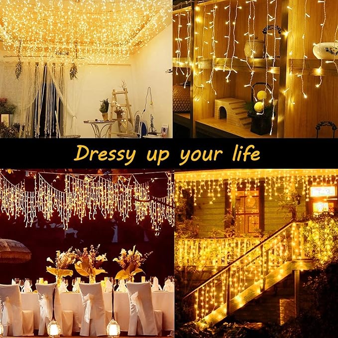 KNONEW 99ft 960 LED Christmas Lights Outdoor Decorations with 180 Drops, 8 Modes Curtain Fairy Light, Clear Wire LED String Light Indoor Decor for Wedding Party Christmas(Warm White)