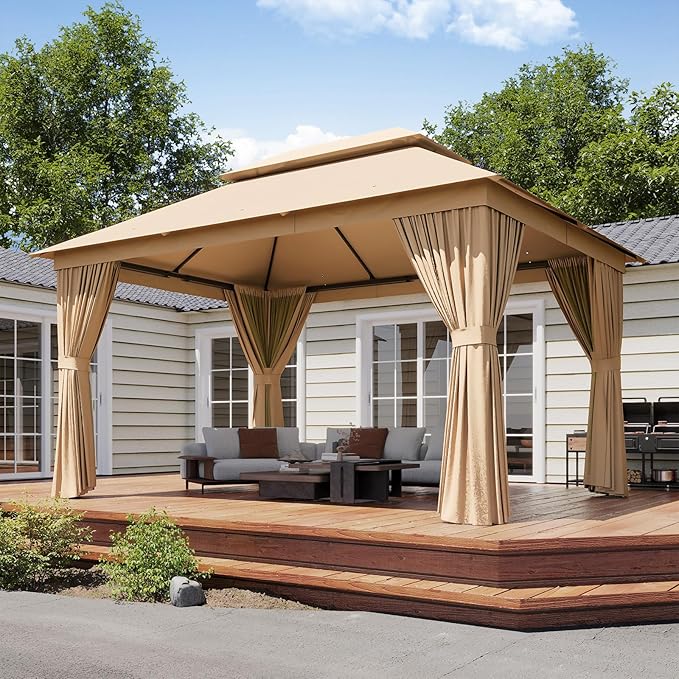Outdoor Gazebo Metal Frame Patio Pergola Double Roofs Patio Canopy with Double-Layer Door and Mosquito Netting for Deck, Backyard, Lawn (Beige, 10x13FT)