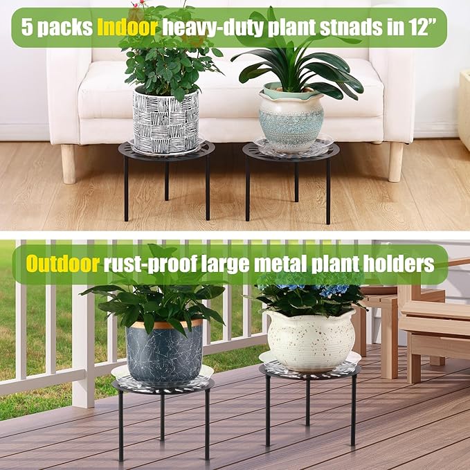 5-Pack 12” Heavy-duty Metal Plant Stands Large Flower Pot Holder for Indoor Outdoor Rust-proof Iron Potted Planter Stand Modern Round Corner Stand Shelf for Living Room Patio Garden Yard Black