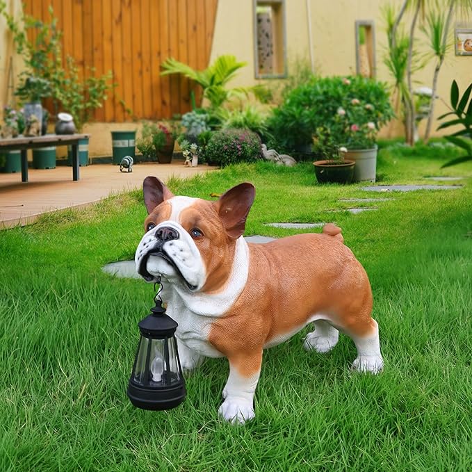French Bulldog Outdoor Dog Statue with Reversible “Welcome/ON Patrol” Hanging Plaque and Solar Walkway Lantern, Brown & White Standing Yard Accent