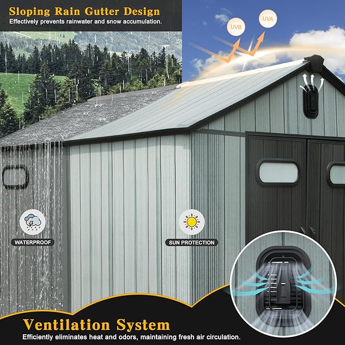 Domi 8' x12' Outdoor Resin Storage Shed with Lockable Door, Waterproof Outside Sheds with Windows & Vents, Heavy-Duty Plastic Tool Storage Shed for Patio Furniture, Lawn Mower, Bike