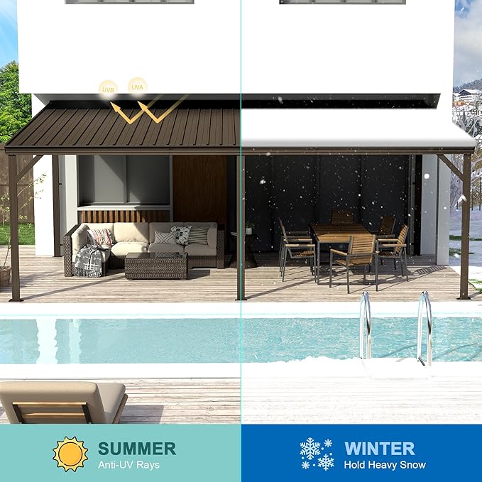 Domi 12’x20’ Lean-to Gazebo, Hardtop Wall-Mounted Gazebo Pergola with Sloping Galvanized Steel Roof and Upgraded Drainage System, Outdoor Permanent Metal Shelters for Patio Backyard Deck, Brown