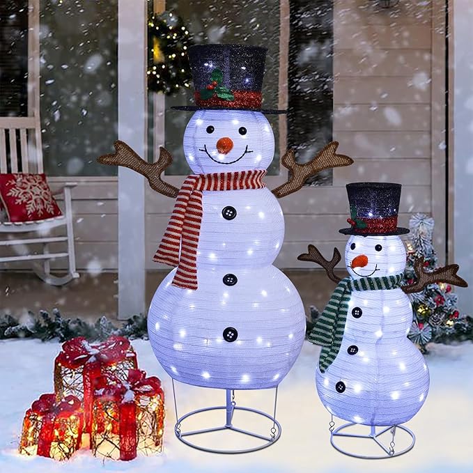 Juegoal Set of 2 Lighted Christmas Snowman Decorations, 3.5+2.3FT Outdoor Collapsible White Snowmen with LED Lights, Pre-Lit Pop Up Xmas Yard Display, Plug in for Holiday New Year Winter Lawn Garden