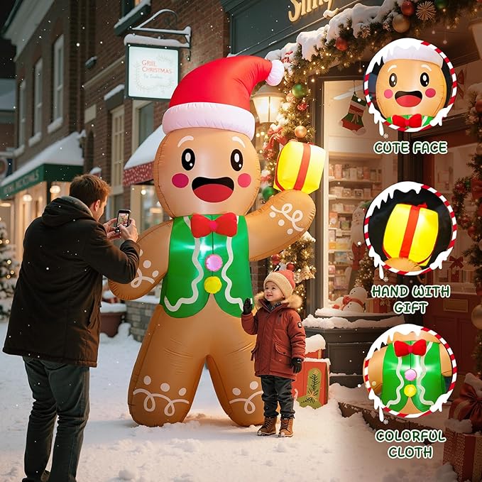 Christmas Inflatable Outdoor Decorations, 8.5 FT Gingerbread Large Blow Up Yard Decor with 3 LED Lights, Christmas Party Outdoor, Yard, Garden, Lawn Winter Decorations Ornaments